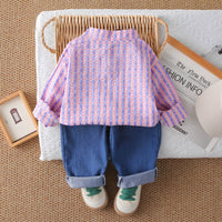 Boys Pink Stripes Fruits Applique Shirt With Denim Pants Set 2 pc. Sets