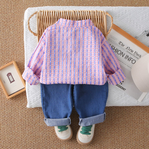 Boys Pink Stripes Fruits Applique Shirt With Denim Pants Set 2 pc. Sets