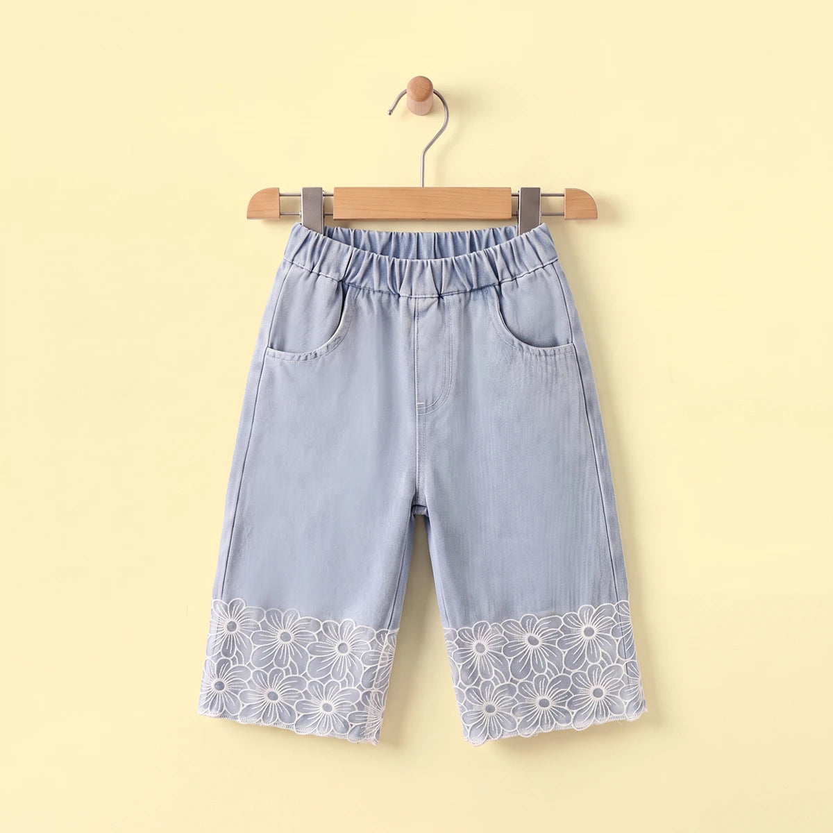 Girls Light Blue Floral Lace Hem Wide-Leg Denim Jeans Pants Light Blue 1-2 Y