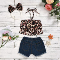 Girls Black Leopard Print Ruffle Halter Crop Top With Sequin Patched Denim Shorts Sets