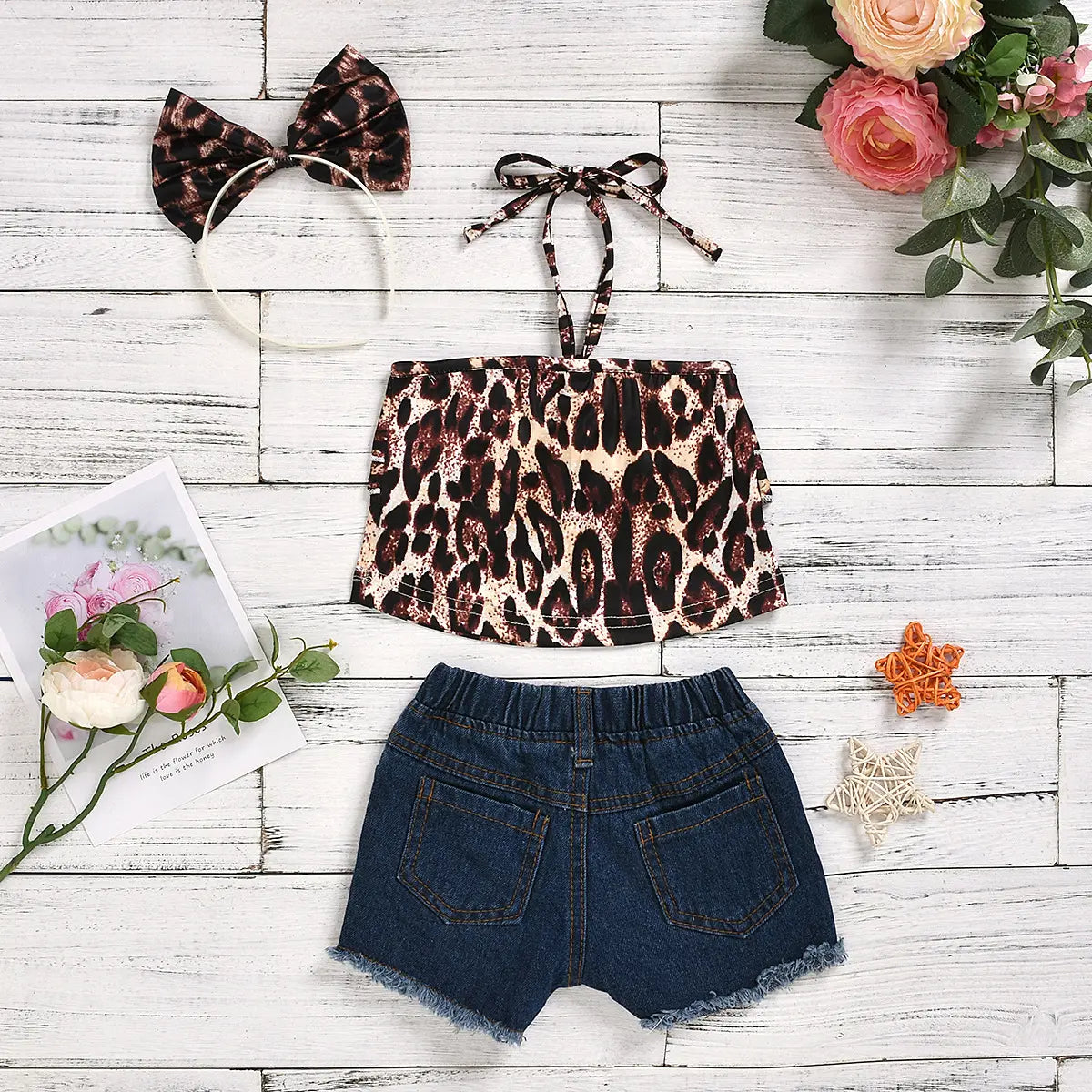 Girls Black Leopard Print Ruffle Halter Crop Top With Sequin Patched Denim Shorts Sets