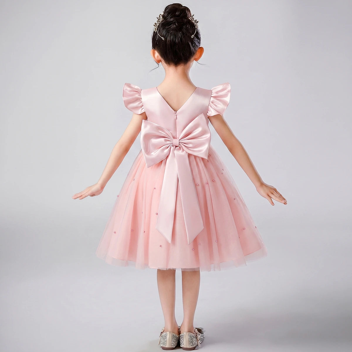 Girls Light Pink Pearl-Embellished Flutter Sleeve Fit & Flare Dress Casual Dresses