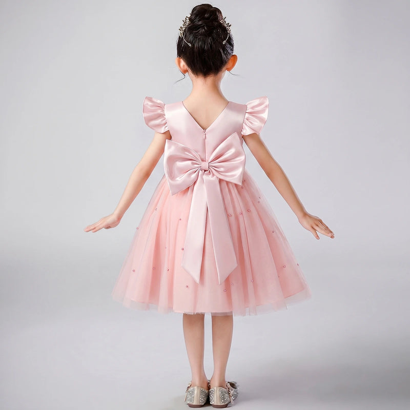 Girls Light Pink Pearl-Embellished Flutter Sleeve Fit & Flare Dress Casual Dresses