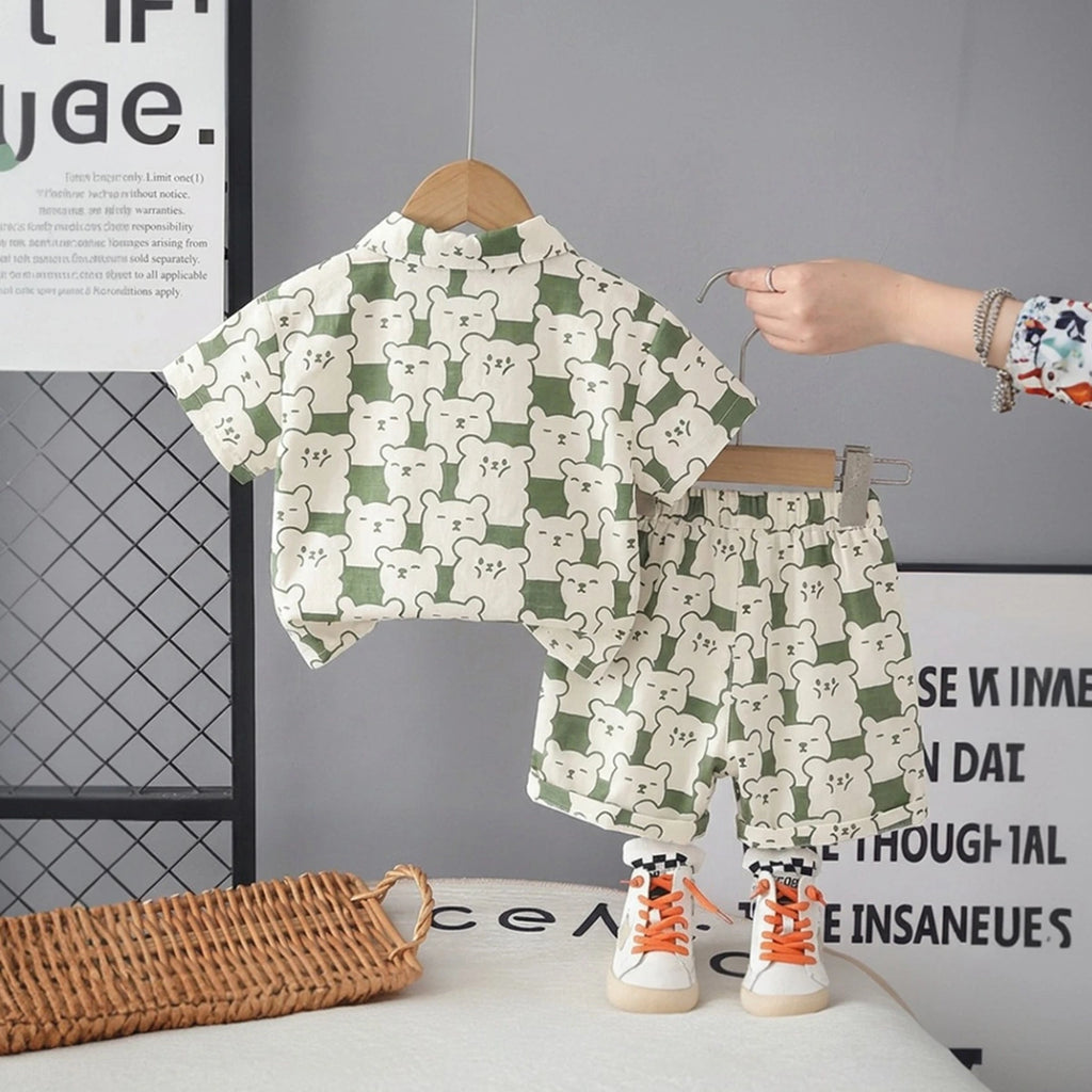 Boys Green Bear Printed Short Sleeve Shirt With Printed T-Shirt And Shorts Sets 3 pc. Sets