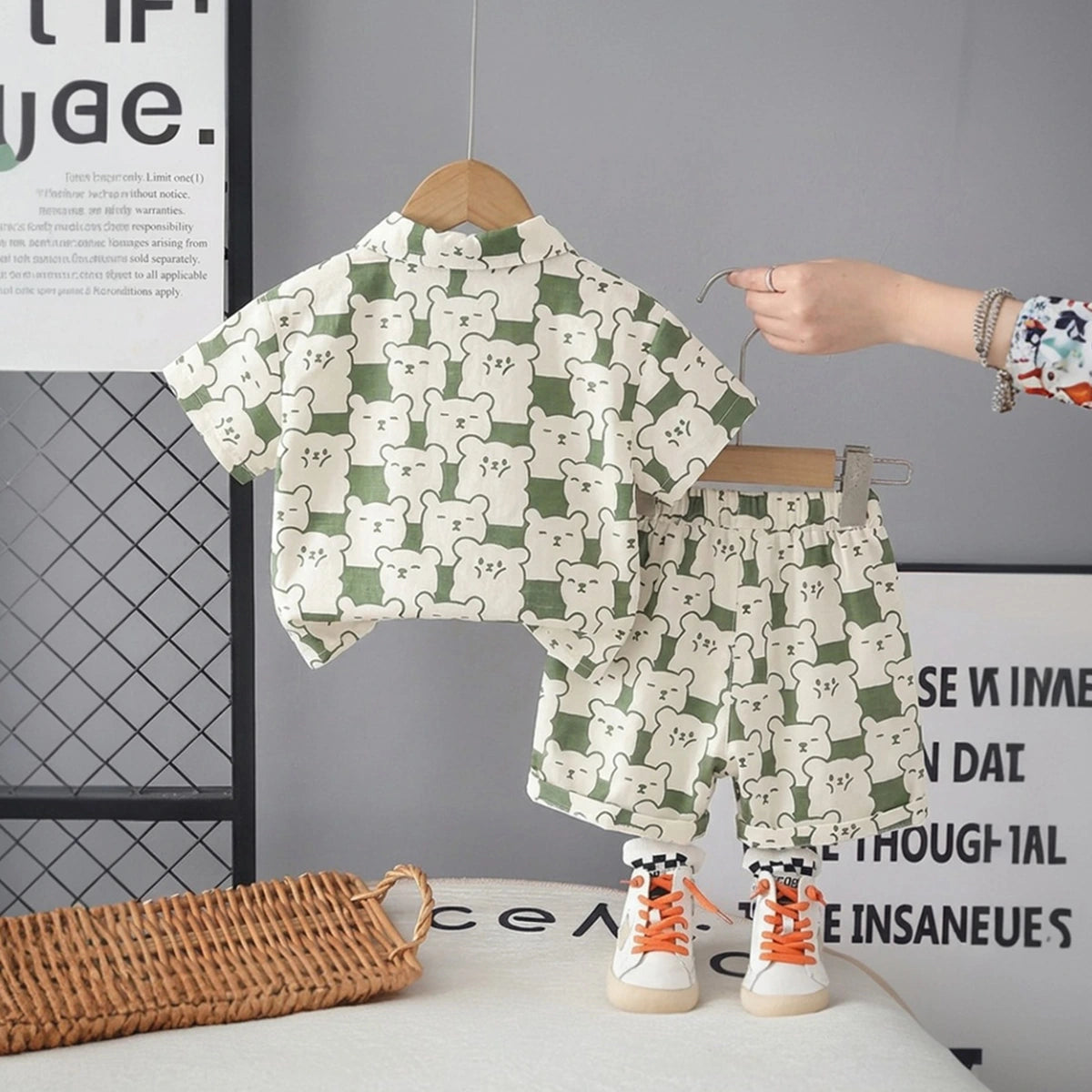 Boys Green Bear Printed Short Sleeve Shirt With Printed T-Shirt And Shorts Sets 3 pc. Sets