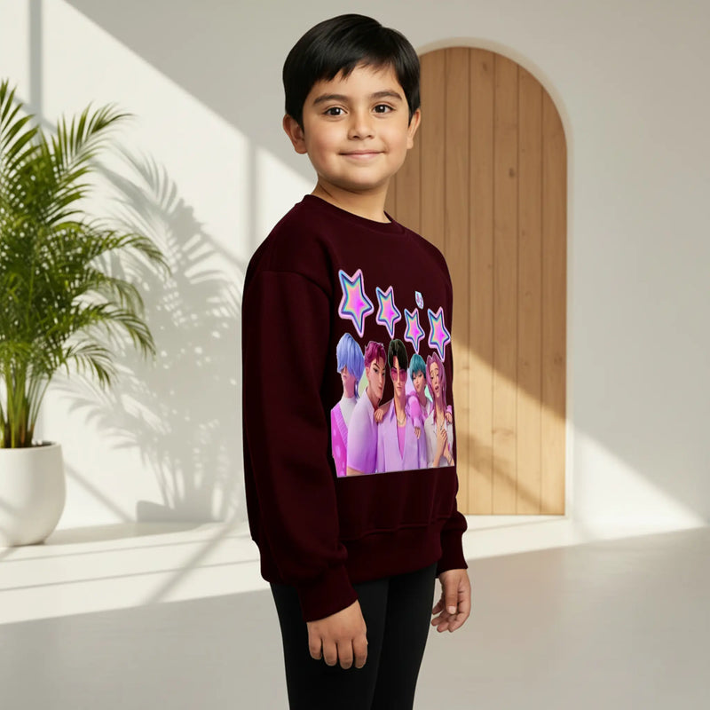 Boys Maroon K-Pop Star Graphics Crew Neck Sweatshirt Sweatshirts & Hoodies