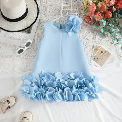 Girls Sky Blue Solid A-line Party Dress With Flower Appliques Party Dresses Sky Blue 2-3 Y