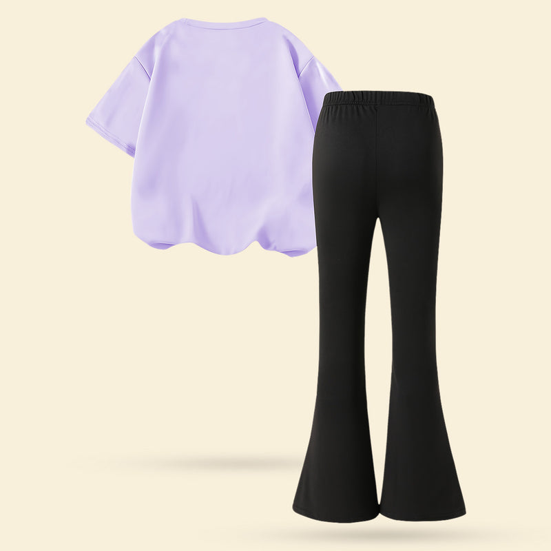 Girls Purple Teddy Print Short Sleeve Top With Bell Bottom Pants Set 2 pc. Sets