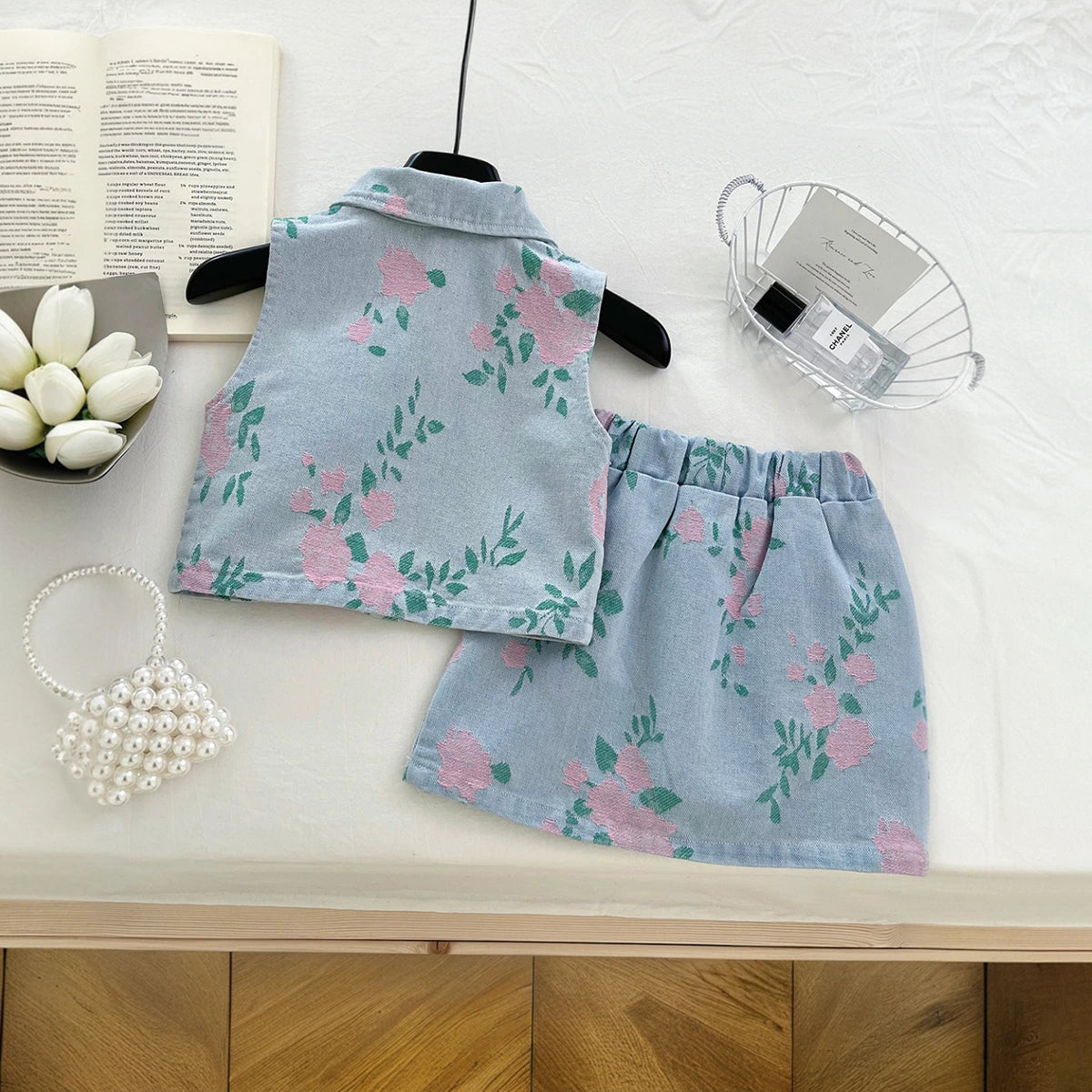Girls Light Blue Floral Applique Top With Skirt Sets 2 pc. Sets