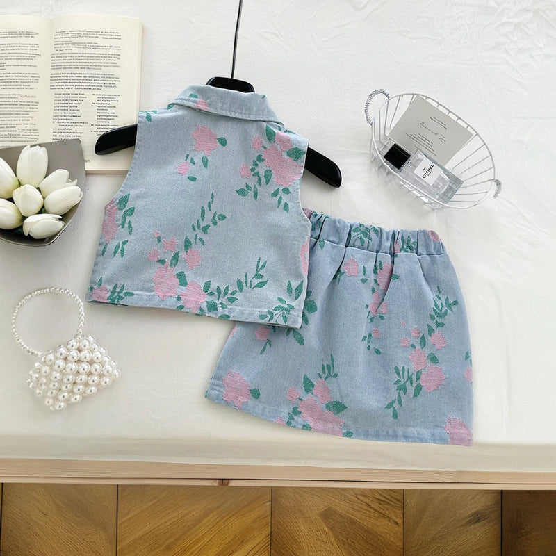 Girls Light Blue Floral Applique Top With Skirt Sets 2 pc. Sets