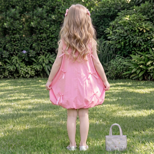 Girls Pink Bow Applique Sleeveless Balloon Dress Casual Dresses