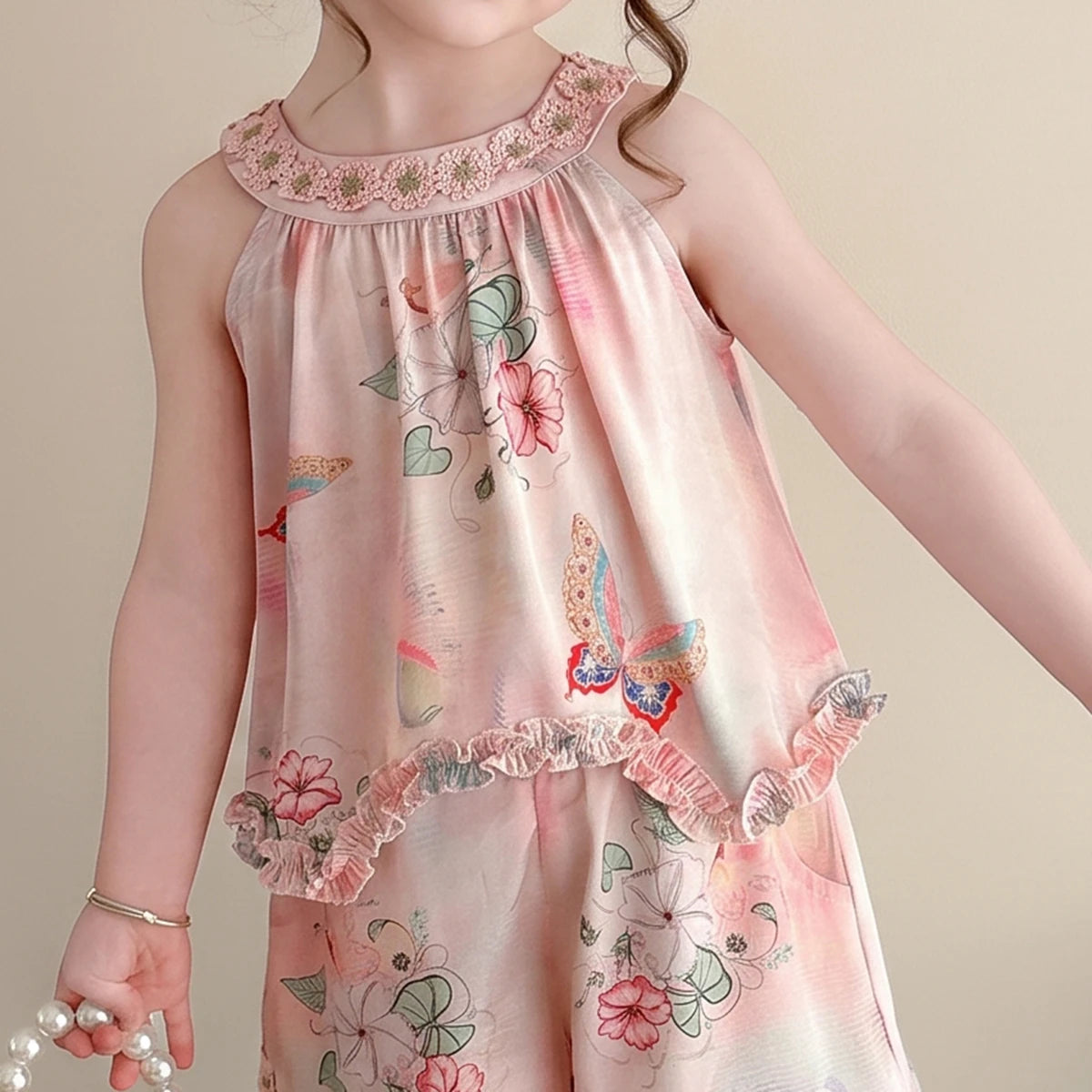 Girls Pink Floral Print Sleeveless Top With Shorts Sets 2 pc. Sets