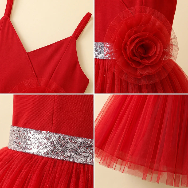 Girls Red Floral Applique Fit & Flare Party Dress Party Dresses