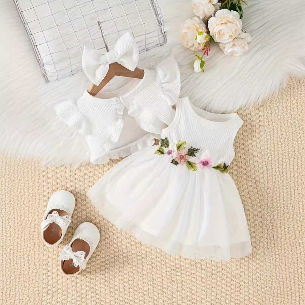 Girls Sleeveless Flower Embroidery Dress With Shrug &  Bow Set Casual Dresses White 1-2 Y 