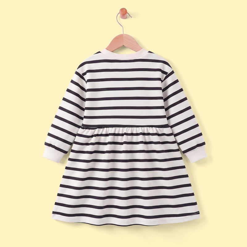 Girls Black Striped Long Sleeve Fit & Flare Dress Casual Dresses