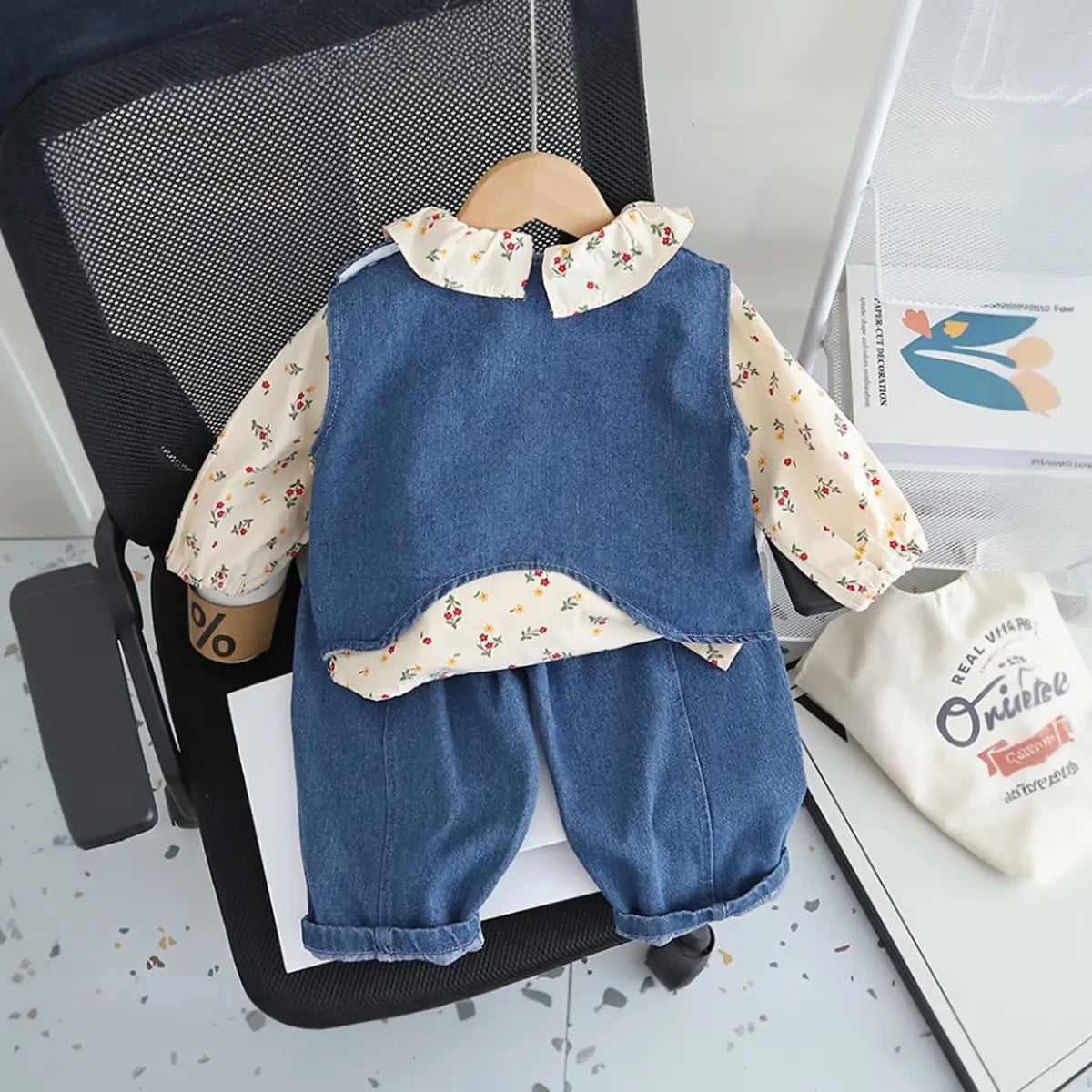Girls Blue Denim Vest With Printed Top & Denim Pants Set Sets