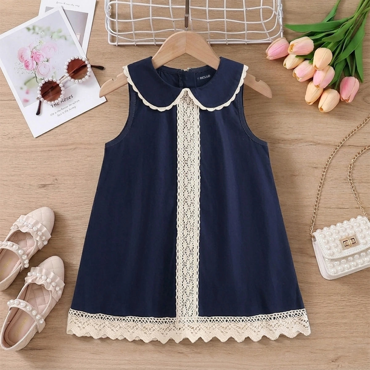 Girls Navy Blue Lace Detailed Peter Pan Collar A-Line Dress Casual Dresses Navy Blue 2-3 Y