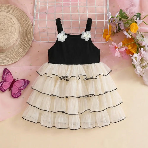 Girls Apricot Flower Applique Multilayer Tiered Fit & Flare Dress Casual Dresses Apricot 1-2 Y
