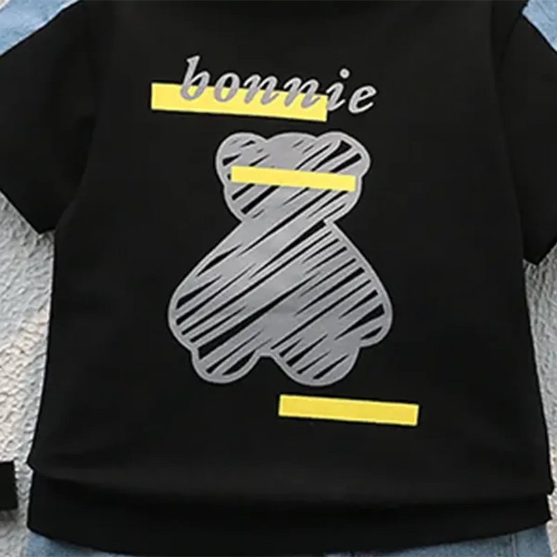 Boys Black Graphic Polo T-Shirt With Denim Shorts Set Sets