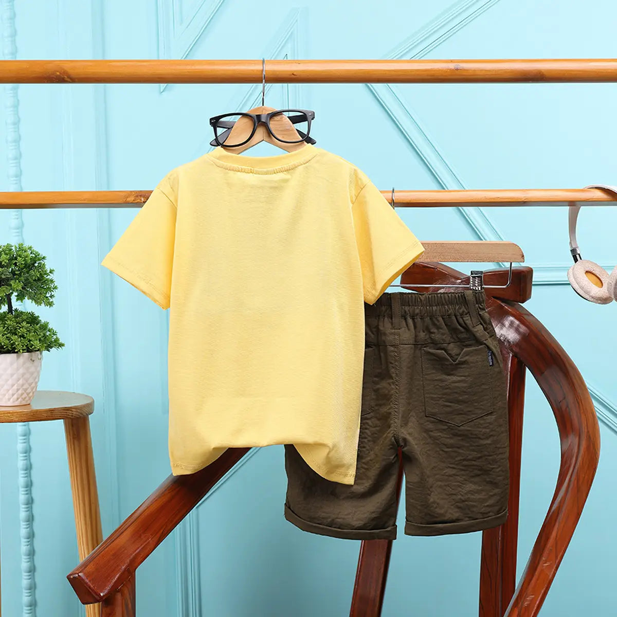 Boys Yellow Typographic Printed Short Sleeve T-Shirt With Elasticated Shorts Sets 2 pc. Sets