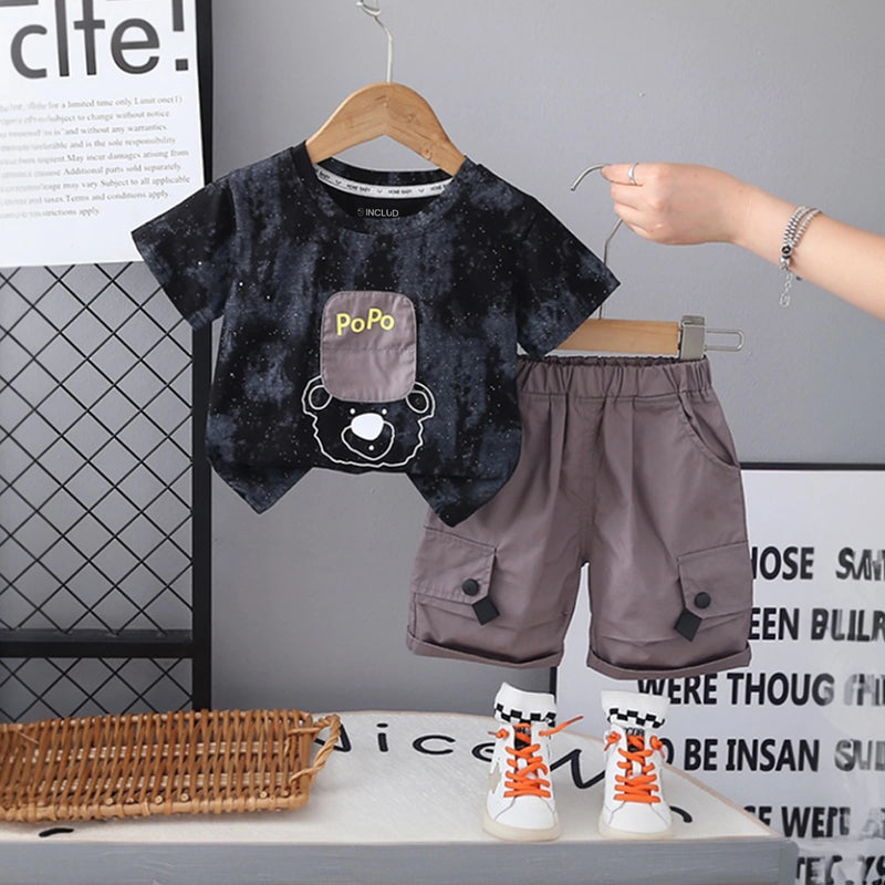 Boys Black Bear Graphic Printed Short Sleeve T-Shirt With Cargo Shorts Sets 2 pc. Sets Black 1-2 Y
