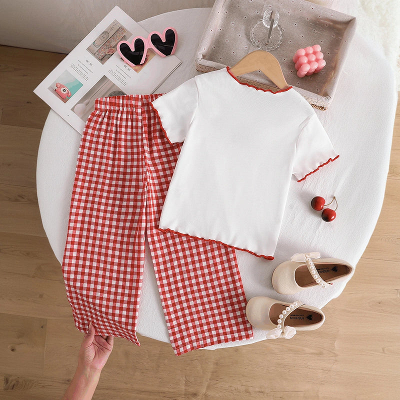 Girls Red Cherry Embroidered Short Sleeve Top With Checked Pants Sets 2 pc. Sets