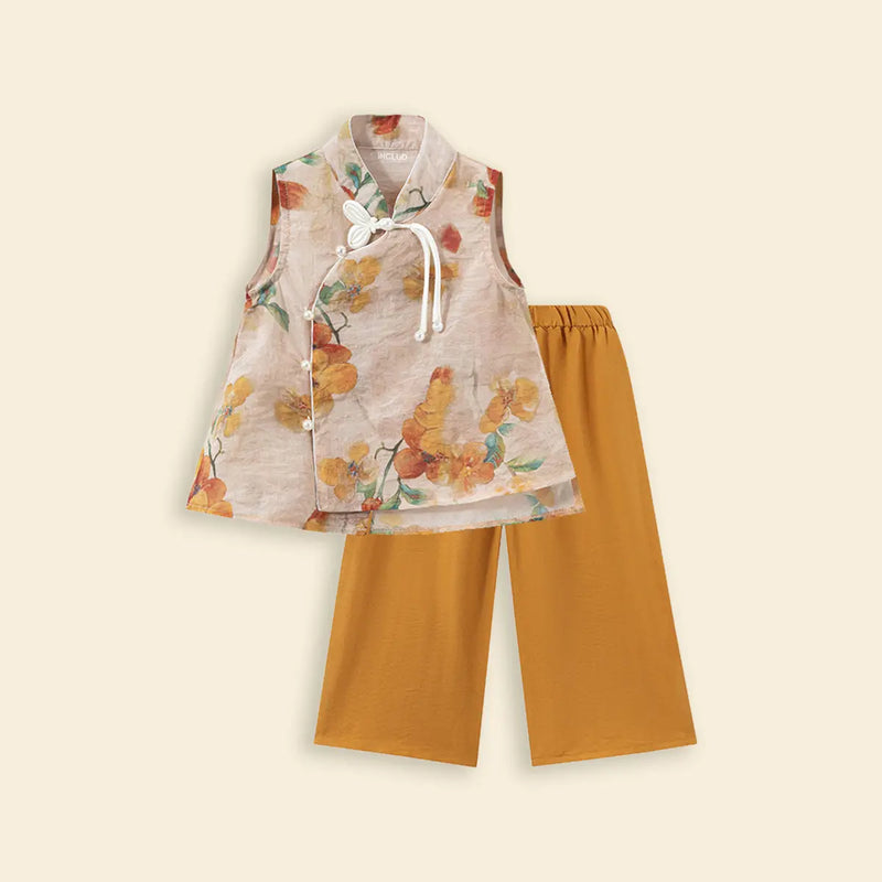 Girls Beige Floral Print Sleeveless Top With Pants Set Sets