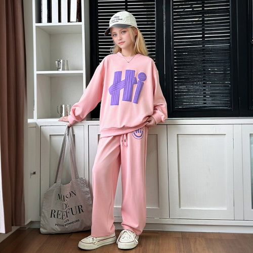 Girls Pink Printed Winter Sweatshirt With Pants Set 2 pc. Sets Pink 5-6 Y