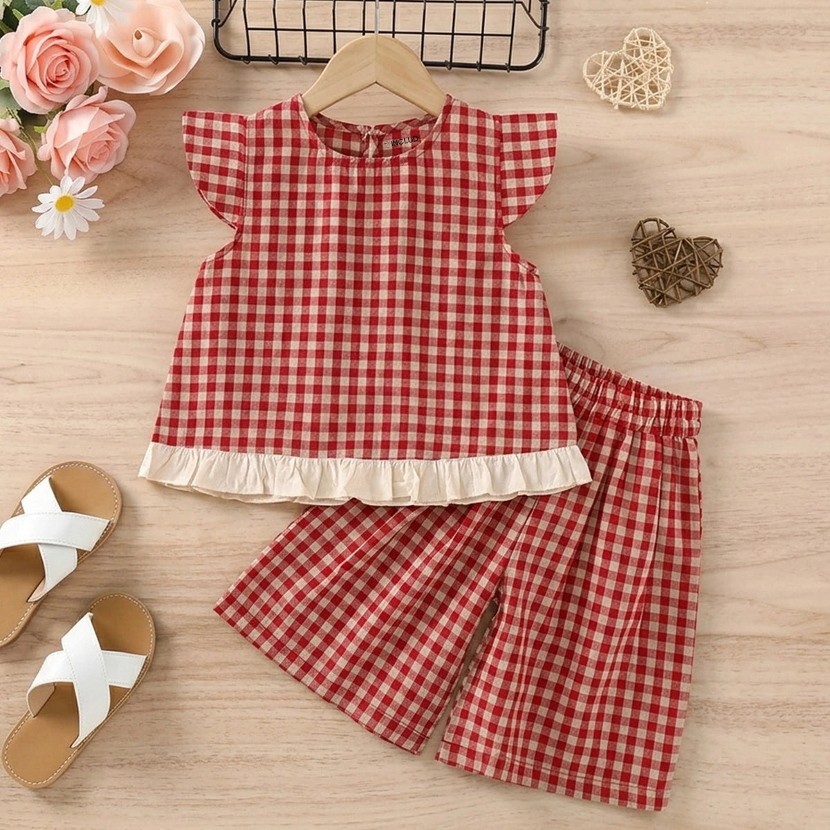Girls Red Checked Ruffle Cap Sleeve Top With Elasticated Shorts Sets Sets Red 2-3 Y