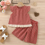 Girls Red Checked Ruffle Cap Sleeve Top With Elasticated Shorts Sets