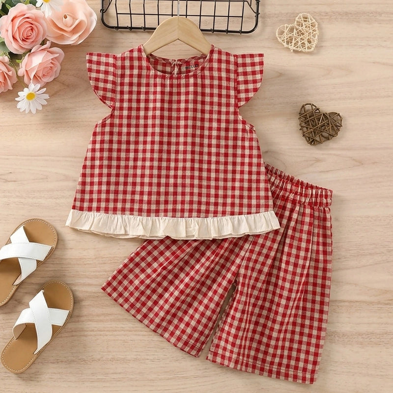 Girls Red Checked Ruffle Cap Sleeve Top With Elasticated Shorts Sets Sets Red 2-3 Y