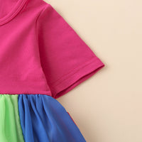 Girls Multicolor Short Sleeve Round Neck Flared Dress Casual Dresses