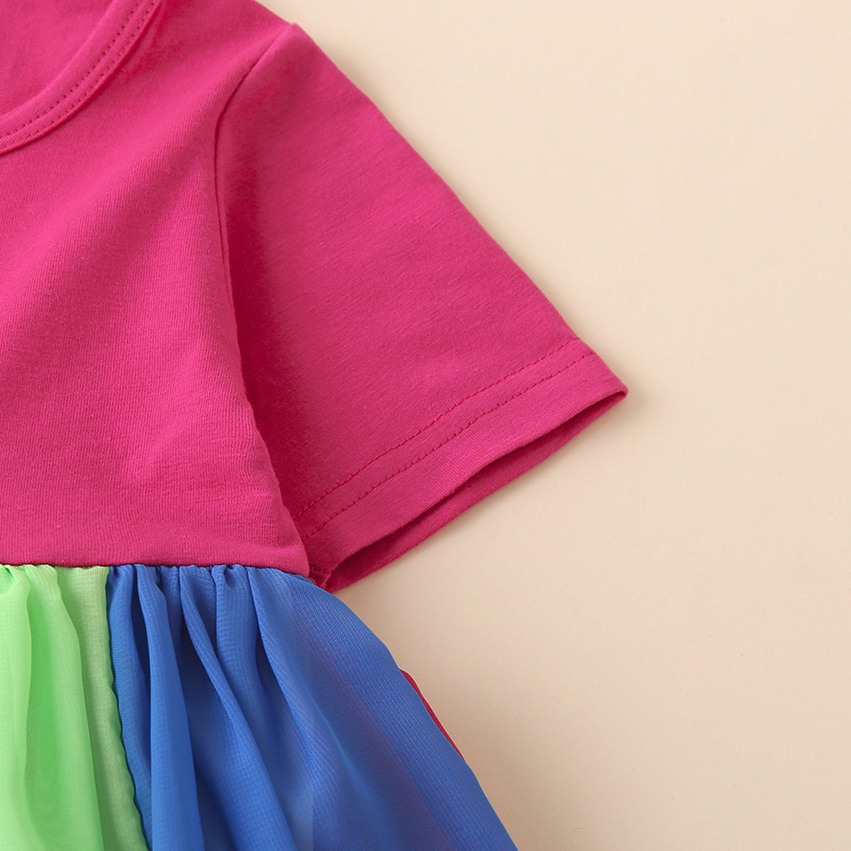 Girls Multicolor Short Sleeve Round Neck Flared Dress Casual Dresses