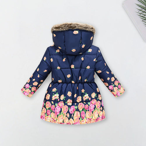 Girls Navy Blue Rose Printed Hooded Puffer Jacket Coats & Jackets