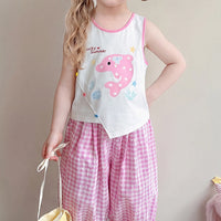 Girls Pink Dolphin Print Sleeveless Top With Checked Crop Pants Sets 2 pc. Sets