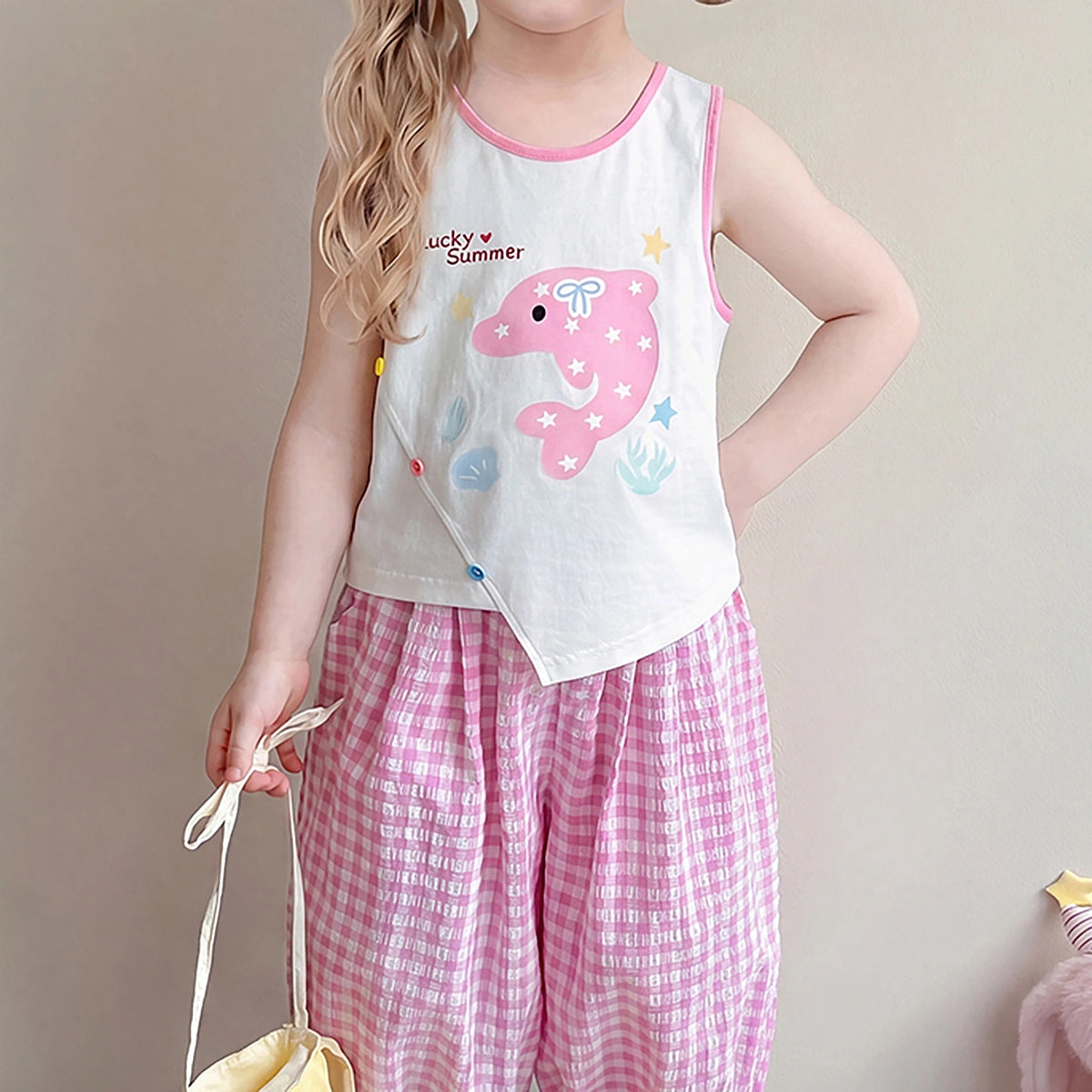 Girls Pink Dolphin Print Sleeveless Top With Checked Crop Pants Sets 2 pc. Sets