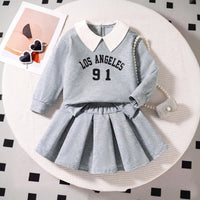 Girls Grey Alphanumeric Print Long Sleeve Sweatshirt With Skirt Sets 2 pc. Sets Grey 3-4 Y