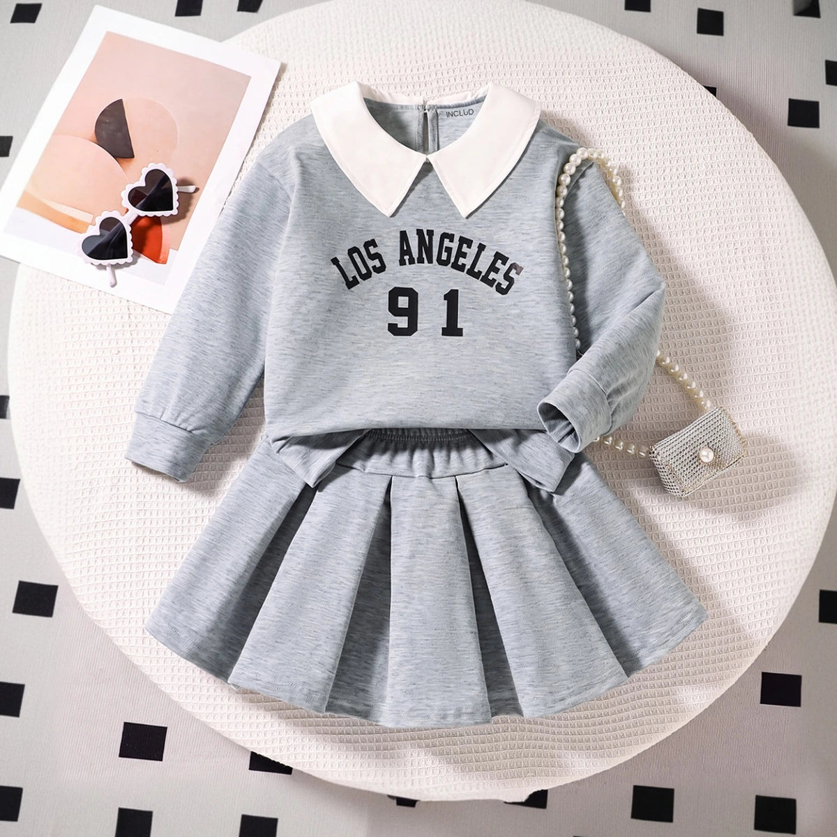 Girls Grey Alphanumeric Print Long Sleeve Sweatshirt With Skirt Sets 2 pc. Sets Grey 3-4 Y