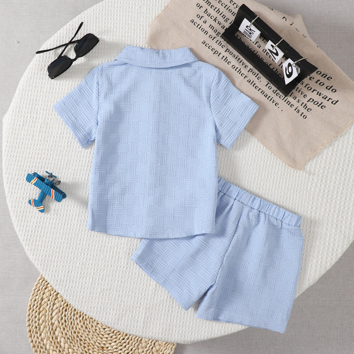 Boys Sky Blue Textured Short Sleeves Shirt With Shorts Set 2 pc. Sets