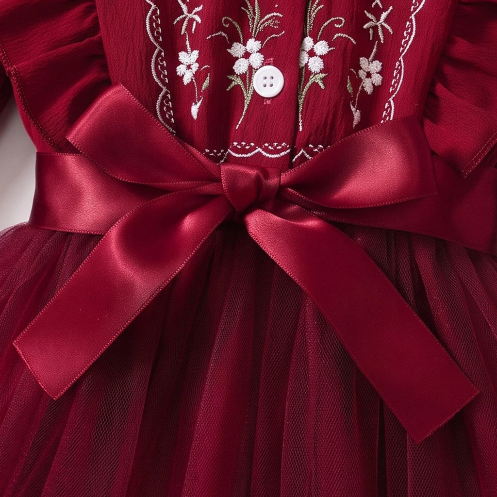 Girls Maroon Floral Print Long Sleeve Fit & Flare Dress Casual Dresses