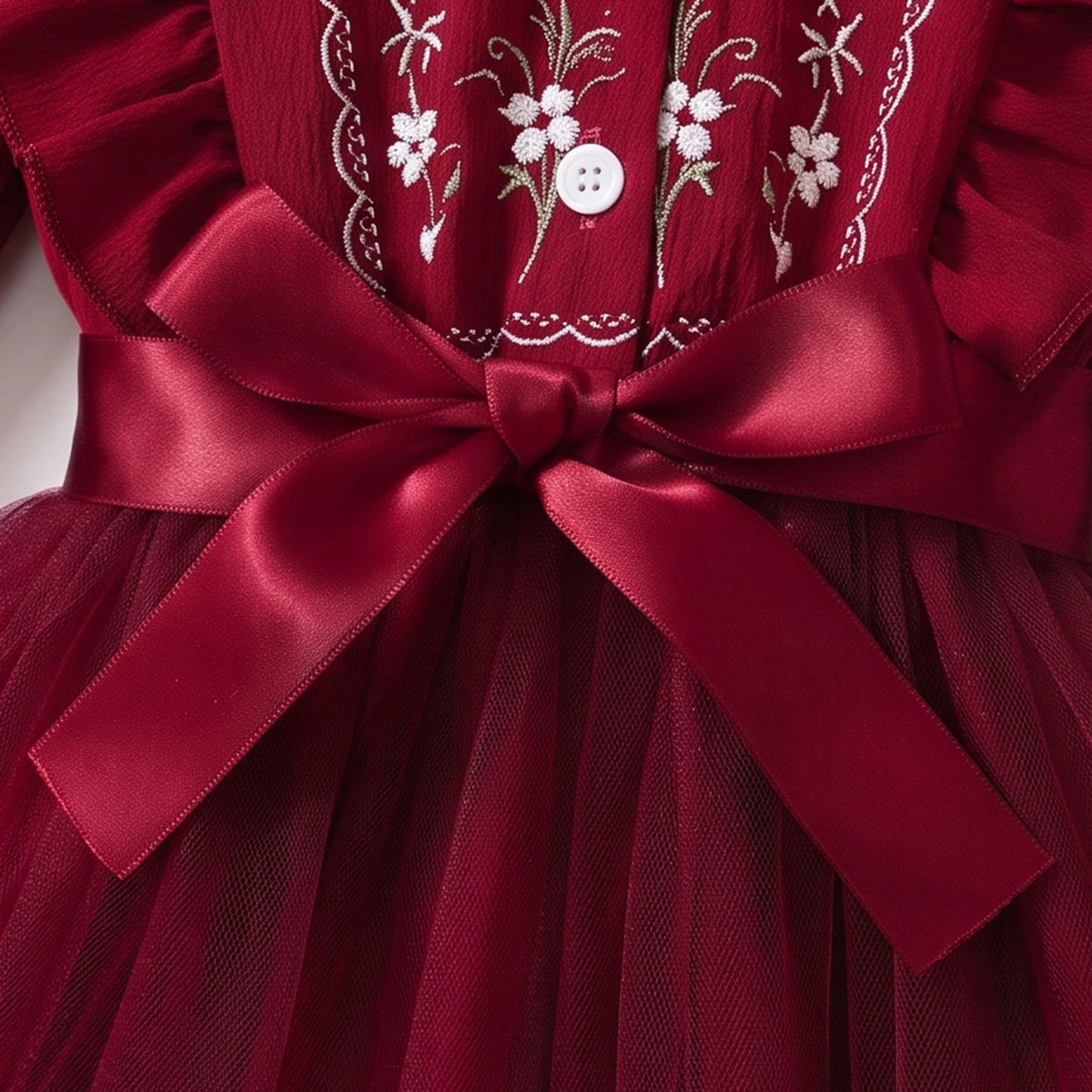 Girls Maroon Floral Print Long Sleeve Fit & Flare Dress Casual Dresses