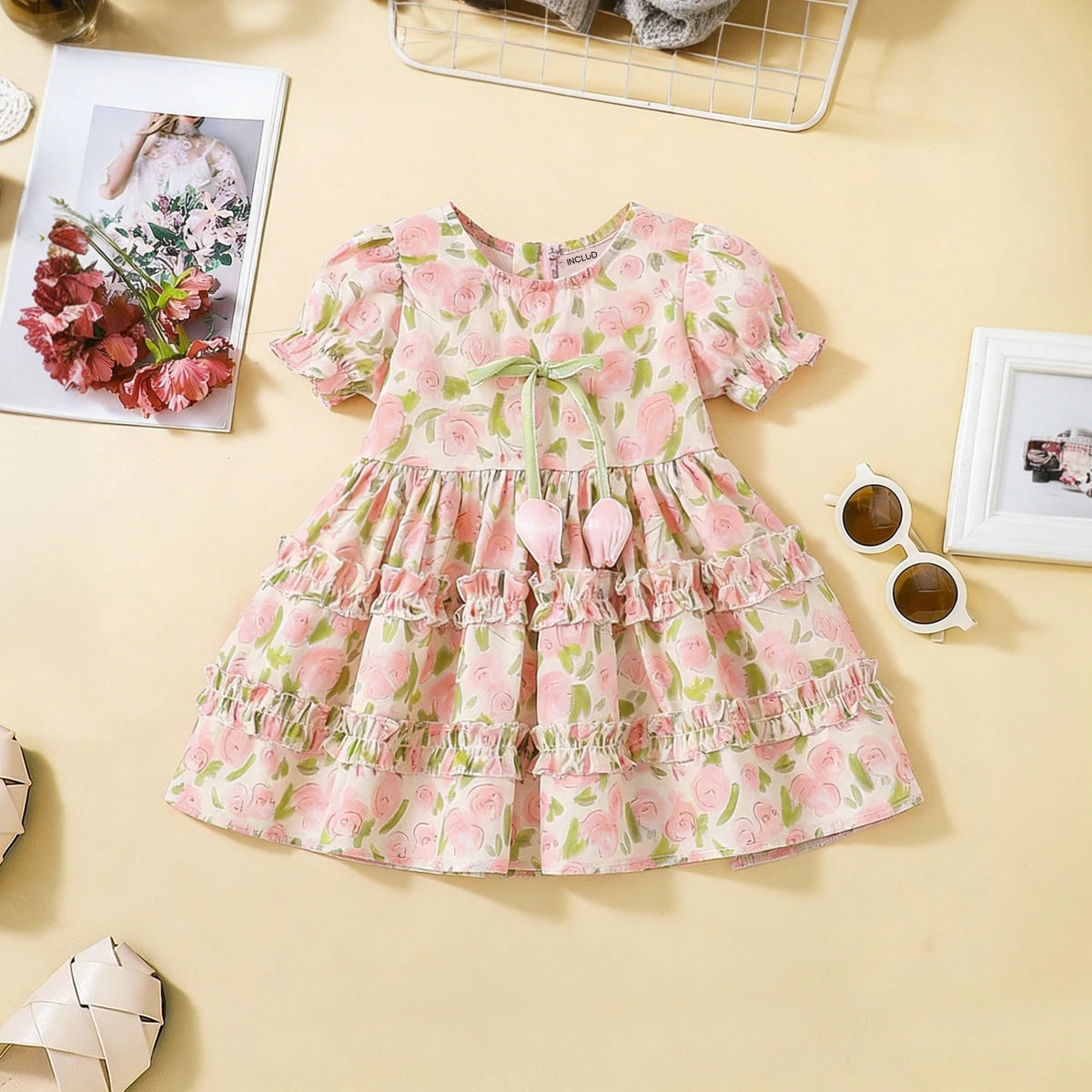 Girls Pink Floral Print Fit & Flare Dress With Puff Sleeves Casual Dresses Pink 1-2 Y