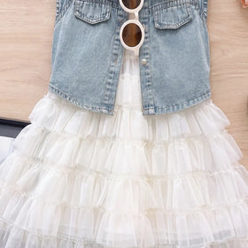 Girls White Textured Sleeveless Tiered Dress with Denim Jacket Casual Dresses