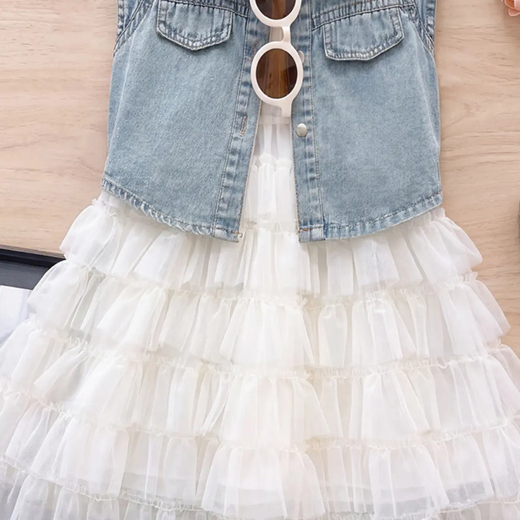 Girls White Textured Sleeveless Tiered Dress with Denim Jacket Casual Dresses