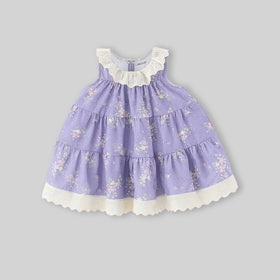 Girls Purple Floral Print Tiered A-line Dress Casual Dresses