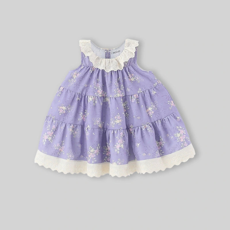 Girls Purple Floral Print Tiered A-line Dress Casual Dresses
