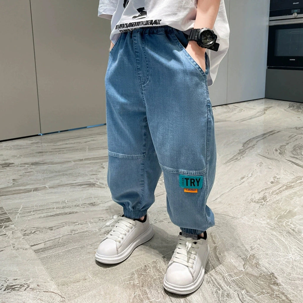 Boys Blue Elasticated Waist Baggy Fit Denim Jeans Pants