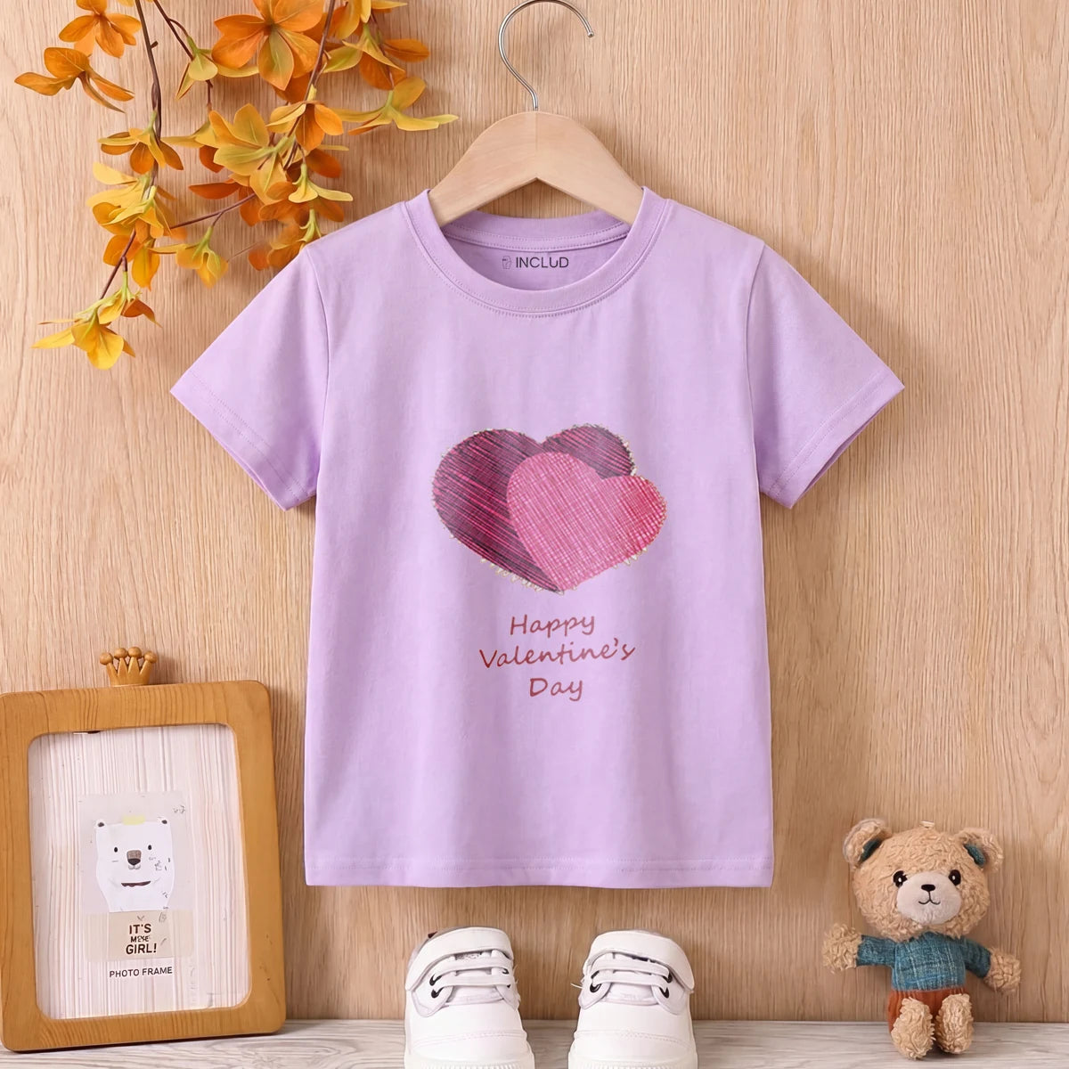 Girls Purple Short Sleeve Heart Print T-Shirt Tshirts Purple 1-2 Y