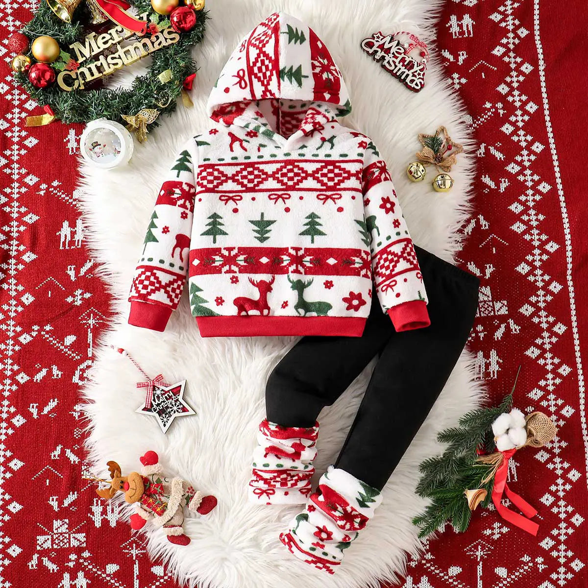 Girls White Self-Design Christmas Patterns Hooded Sweatshirt With Leggings Sets 2 pc. Sets White 3-4 Y