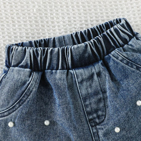Girls Pink Pearl Bow Lace Top With Denim Shorts Sets Sets